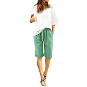NIEWTR Women's Bermuda Shorts Long Cotton Loose with Pockets Knee Length for Yoga Casual Walking Exercise Shorts(Green,XXL)